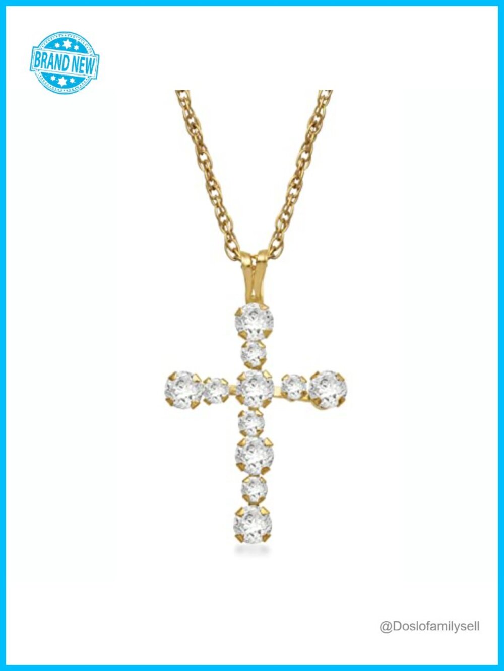 10K Yellow Gold Cross Pendant Necklace with Cubic Zirconia, 18in Rope Chain